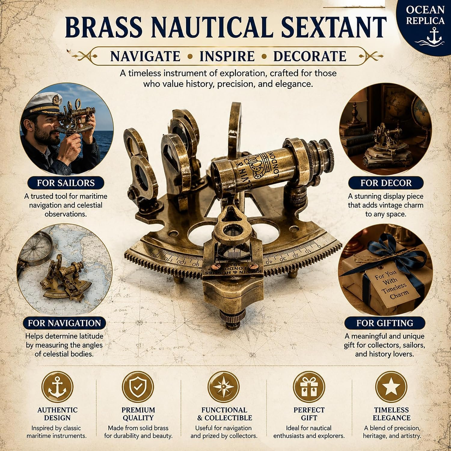 Nautical Bronze Sextant – Solid Brass Maritime Astrolabe | Vintage Ship Navigation Instrument for Nautical Decor, Collectibles, Maritime Gifts, and Navigational Tools - Image 3