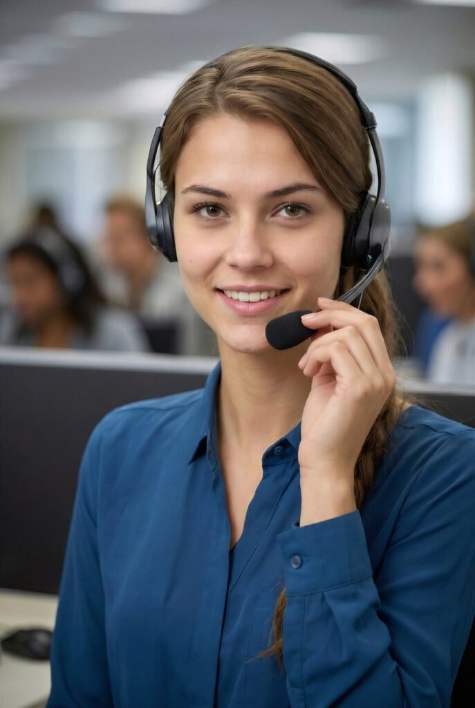 woman, headset, call center, smiling, workplace, customer support, technology, communication, professional, business, young adult, office, services, young woman, employee, modern, phone call, communication skills, phone coaching, looking directly